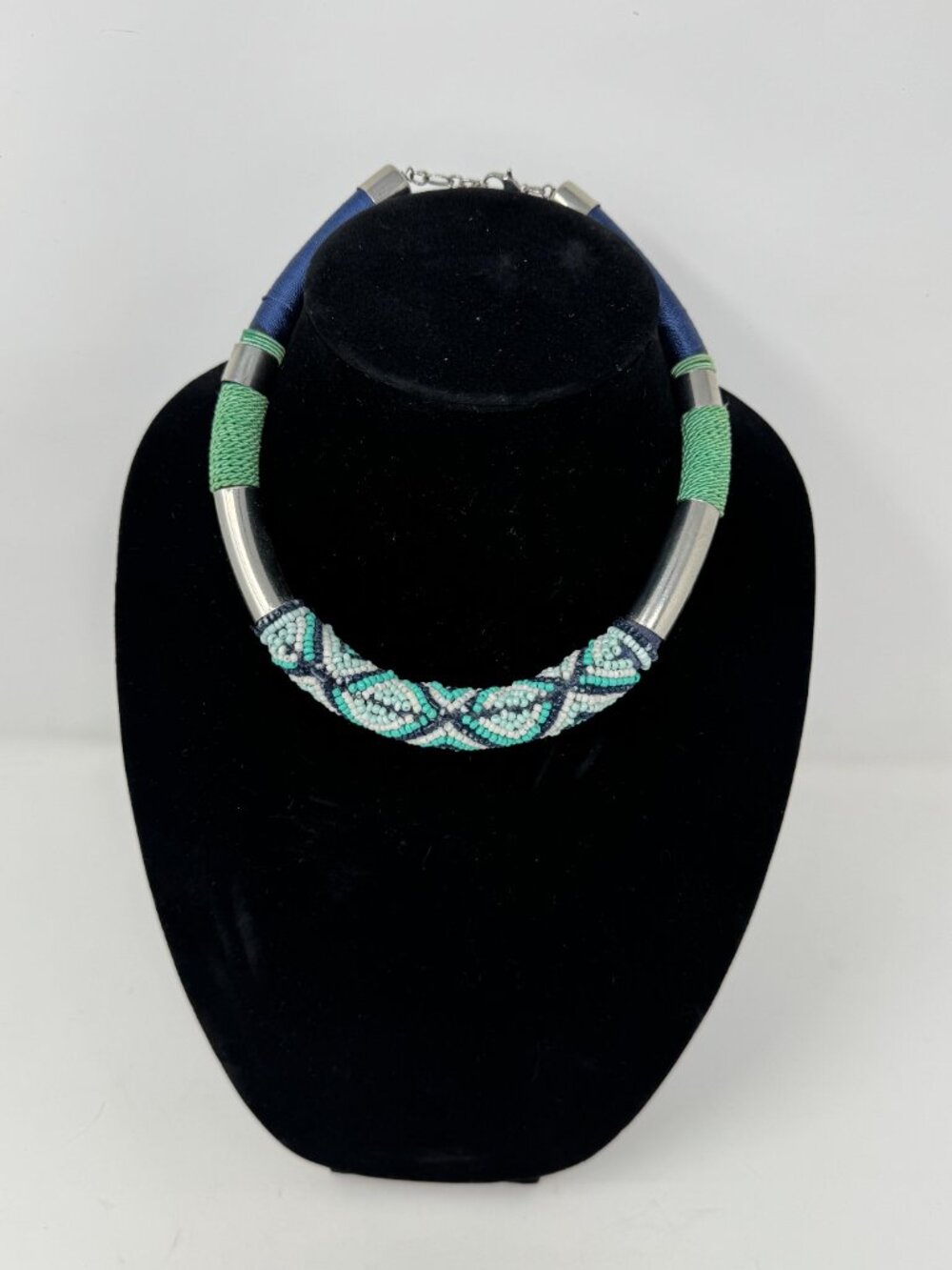 Chunky Seed Bead Rope Necklace Turquoise Navy Silver Tone Boho Statement